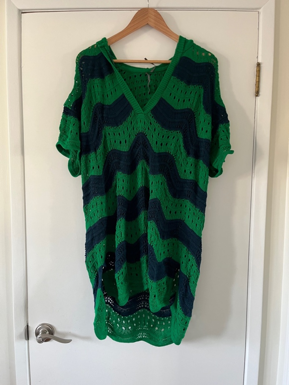Anthropologie Green and Navy Striped Open-Knit V-Neck Tunic Beach Cover